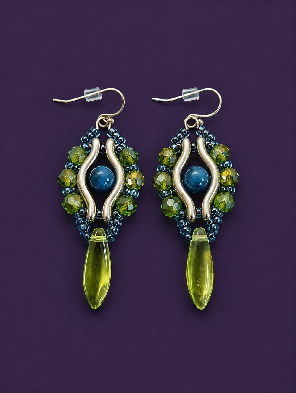 HANDMADE Beadwoven Apatite Green Czech Glass Spike Evil Eye Dangle Earrings